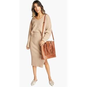 Able Olivia leather whiskey color magnetic closure exterior pockets tote bag